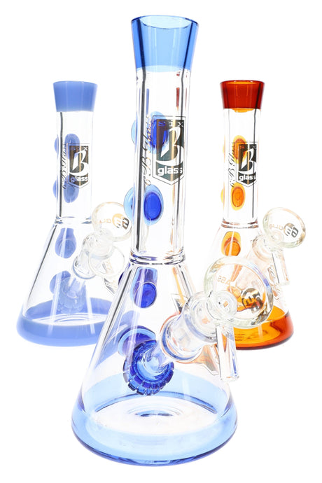 Assorted 7.5″ glass bongs with blue and amber accents, double showerhead percs, and clear 14.5 mm bowls
