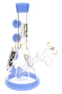 Blue 7.5″ glass bong with colored accents, double showerhead percs, compact beaker base, and clear bowl