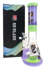 Purple and lime-green 6B Glass beaker bong with straight neck, ice pinch, clear handled bowl, and branded box.