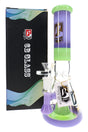 Purple and lime-green 6B Glass beaker bong with straight neck, ice pinch, clear handled bowl, and branded box.