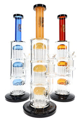 Assorted 6B Glass triple tree bongs with blue, amber, and red accents, black bases, and clear bowls