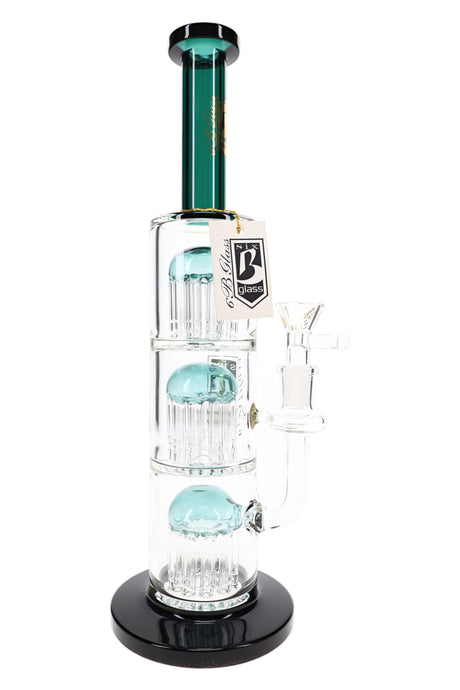 6B Glass triple tree stemless glass bong with teal accents, black base, clear bowl, and stacked percs