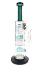 6B Glass triple tree stemless glass bong with teal accents, black base, clear bowl, and stacked percs