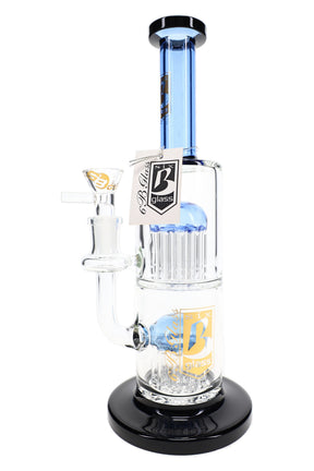 Blue-accented 6B Glass double tree perc bong with a straight neck, black base, handled glass bowl and hang tag.