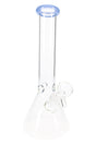 Compact clear beaker bong with soft light-blue rim, straight neck, and glass bowl attached to GoG downstem on white surface