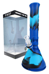 Blue swirl 12-inch Eyce silicone beaker bong standing beside branded retail box, showing installed clear glass herb bowl.