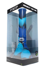 Retail packaged 12-inch Eyce silicone beaker bong displayed inside clear display box with blue swirl body and glass bowl.