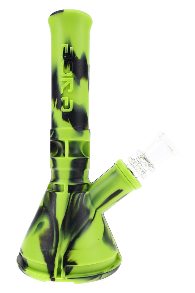 EYCE silicone beaker bong, green and black camo with clear glass downstem and bowl installed