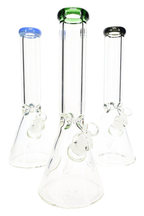 Clear 13.5″ beaker glass bong with 9 mm thick walls, ice pinch, glass-on-glass joint and colored lip accents, includes matching herb slide.
