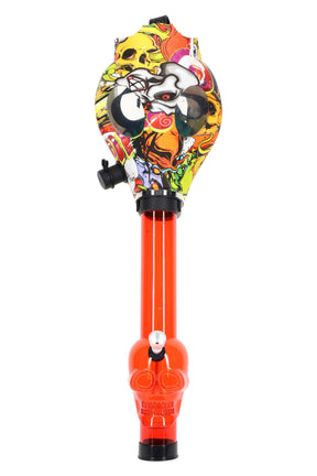 Gas mask bong with skull-base acrylic tube and multicolor decal mask featuring large eye windows.