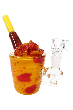 Mangonada mini rig shaped like a mango drink with red swirls, long straw mouthpiece, and 14.5 mm female joint.
