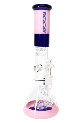 ROOR Tech 14-inch multicolor beaker bong with showerhead percolator, pink and navy accents, glass-on-glass joint and bowl.