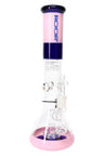 ROOR Tech 14-inch multicolor beaker bong with showerhead percolator, pink and navy accents, glass-on-glass joint and bowl.