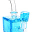 Blue fluid-filled cube glass bong showing square body, curved mouthpiece, and stemless joint with matching bowl.