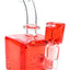 Red fluid-filled cube bong highlighting square chamber, curved mouthpiece, and stemless joint with matching bowl.
