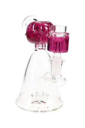 Purple fluid-filled alien-head mini beaker bong with clear base and visible showerhead perc.