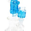 Blue fluid-filled character mini bong showing 14.5 mm female joint and showerhead perc inside a compact pedestal chamber.