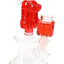 Red fluid-filled character mini bong highlighting the pedestal base, 14.5 mm female joint, and internal showerhead perc.