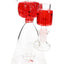 Compact red-accent mini glass beaker bong with fluid-filled chamber and showerhead perc, stemless joint.