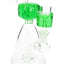 Green-accent mini glass beaker bong with fluid-filled spider hero head and showerhead perc, stable beaker base.