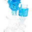 Blue-accent small plumber glass bong featuring fluid-filled head and matching chamber on a clear hourglass-style base.