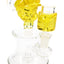 Yellow-accent mini plumber bong with fluid-filled character head, matching accent chamber, and showerhead perc detail.
