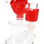 Red-accent plumber-themed mini glass bong showcasing fluid-filled top piece, matching chamber, and showerhead perc.