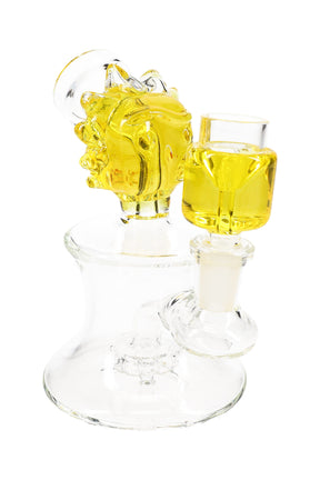 Yellow-accent 5½″ mini glass bong with fluid-filled “Ricky” head and matching chamber on an hourglass base.