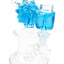 Blue-accent small glass bong with fluid-filled “Ricky” head and matching chamber, glass-on-glass joint detail shown.