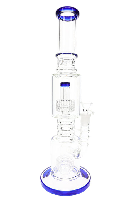 Clear straight tube bong with dual matrix percs, flared mouthpiece, wide base, and glass-on-glass joint with included bowl.