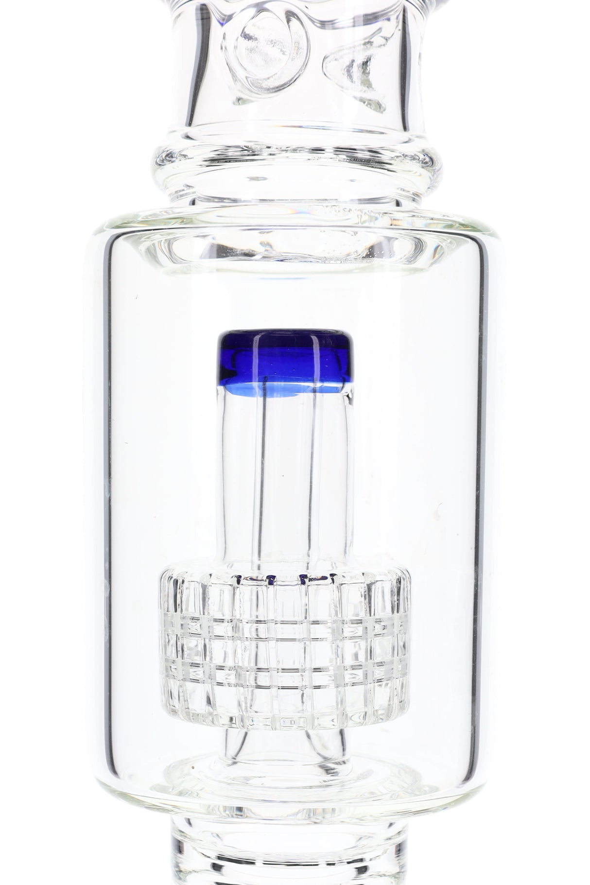 Close-up of upper matrix percolator inside a clear straight tube water pipe showing gridded diffusion chamber.