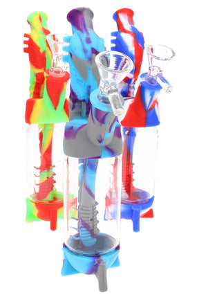 8-inch silicone and glass alien bong with clear chamber, multicolor swirled silicone, alien perc downstem, and glass herb bowl.