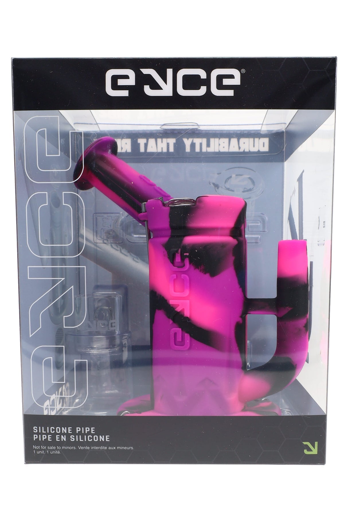 EYCE silicone pipe kit in display box, pink and black camo piece visible through clear window