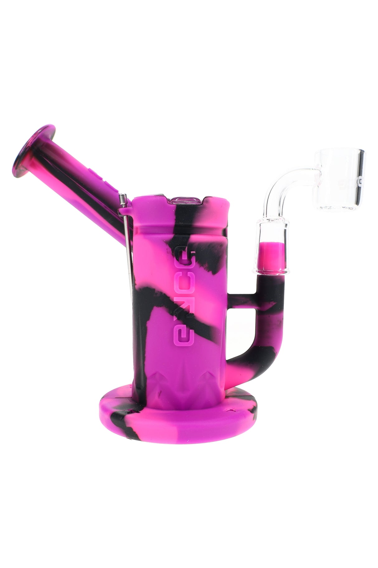 EYCE silicone dab rig in pink and black camo with clear quartz banger attached on side arm