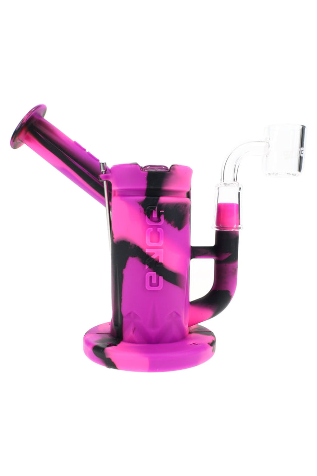 EYCE silicone dab rig in pink and black camo with clear quartz banger attached on side arm
