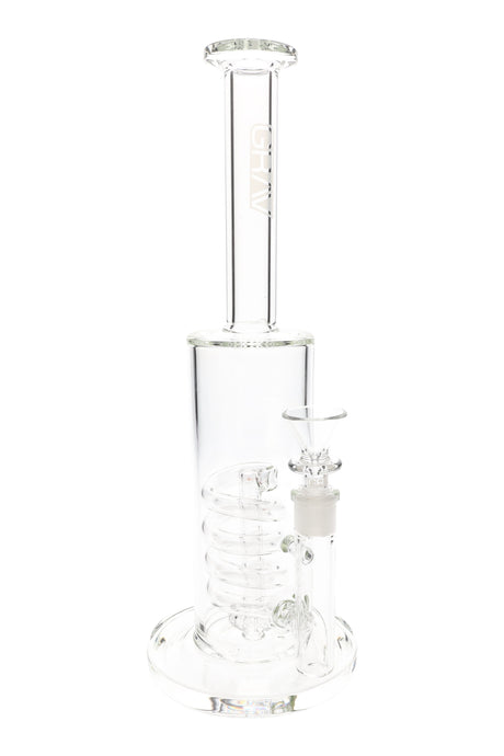 Clear glass bong with coil perc and showerhead downstem, 12.5-inch height, wide base and 14 mm bowl joint, front view.