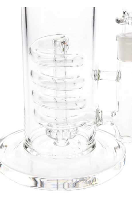 Closeup of clear glass coil perc and showerhead downstem inside a 12.5-inch GRAV glass bong.