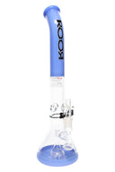 ROOR Tech 18″ bent-neck beaker bong with stemless GoG joint, showerhead perc, purple mouthpiece and matching base, wide foot for stability.