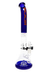 ROOR Tech 18″ multicolor stemless beaker bong showing bent neck splash guard and showerhead perc, white-and-blue mouthpiece with color-matched base.