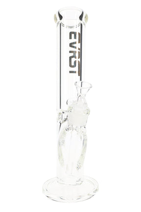 Clear EVRST 12 inch 9 mm thick glass straight shooter bong with ice pinch, 18.8 mm GoG joint and flat base on white background