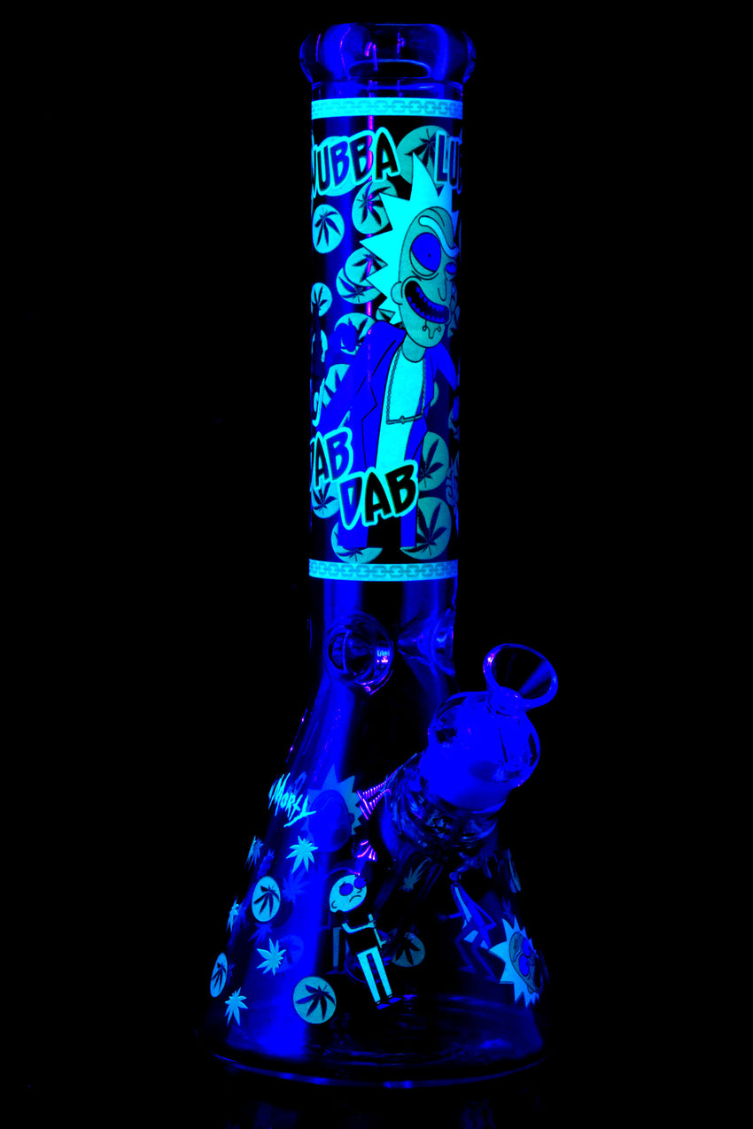 Large Glass on Glass Glow in the Dark R&M Beaker Water Pipe - WP3003