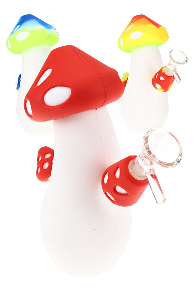 7″ silicone mushroom bong with toadstool cap and 14.5 mm glass bowl; three assorted colorways shown, compact beaker base, sold individually.