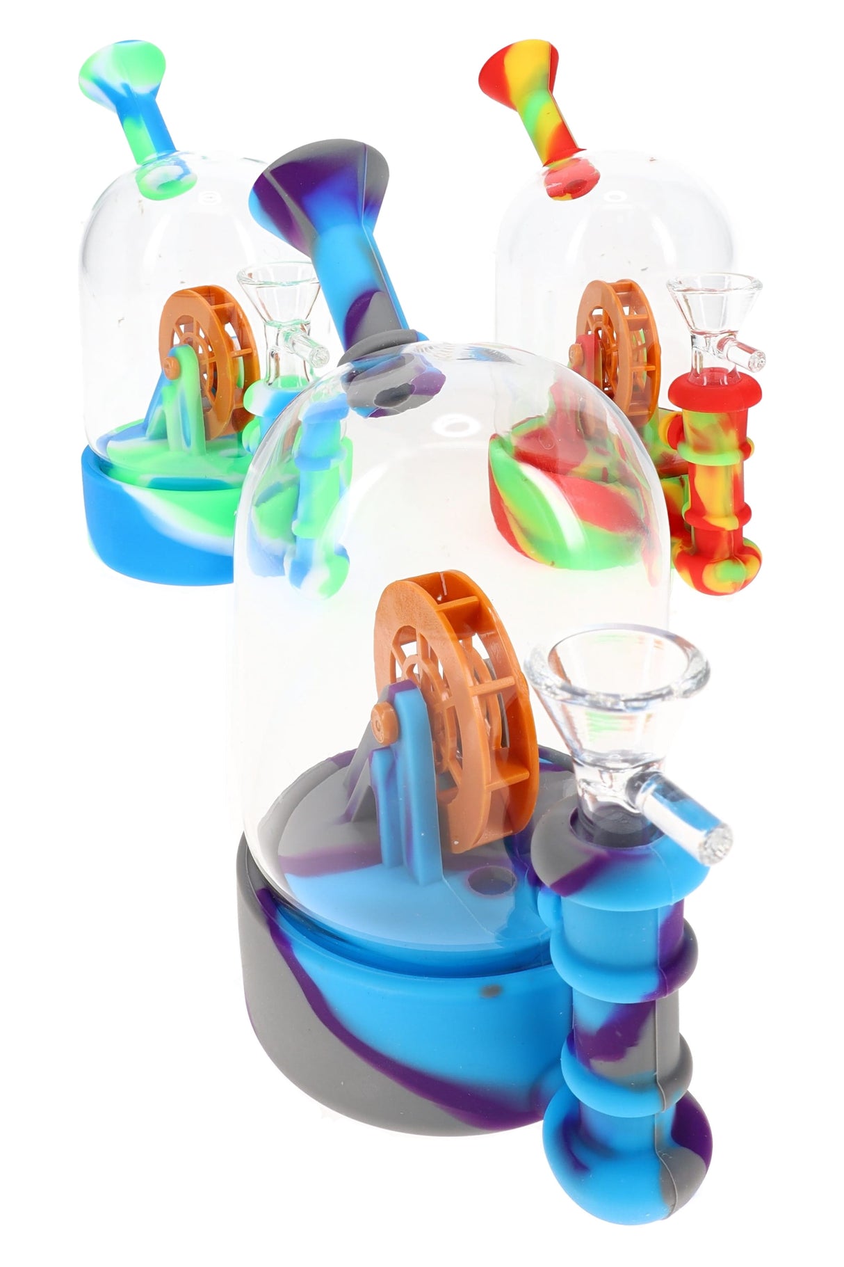 Multicolor 5″ silicone bong with clear glass dome and spinning water-wheel, 14.5 mm bowl attached; three assorted colorways shown, sold individually.