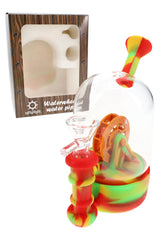 Red, yellow, and green 5″ silicone water wheel bong with clear glass dome, 14.5 mm bowl and retail box, assorted colors fulfilled at random.