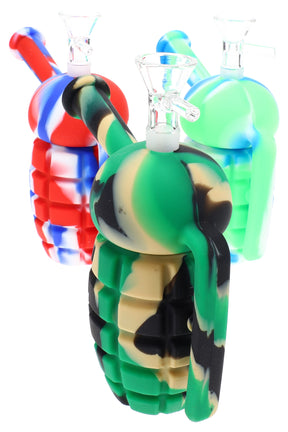 Small 4½″ silicone grenade bong in multicolor swirl with included glass herb bowl; compact, grippy body in assorted colors.