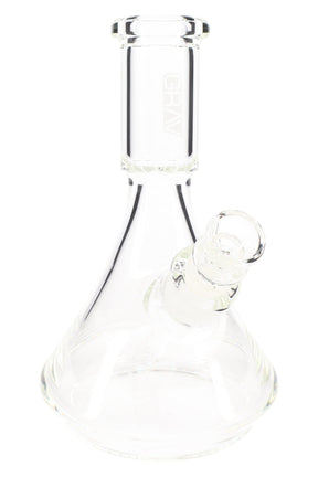 Clear GRAV Small Deco beaker glass bong with 10 mm female joint and slitted downstem, compact base and straight neck on white background.
