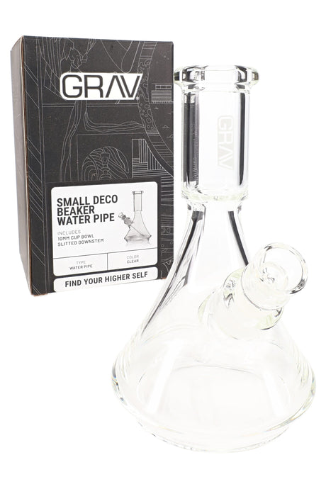GRAV Small Deco beaker bong shown beside retail box, clear borosilicate design with included 10 mm cup bowl and diffuser downstem.