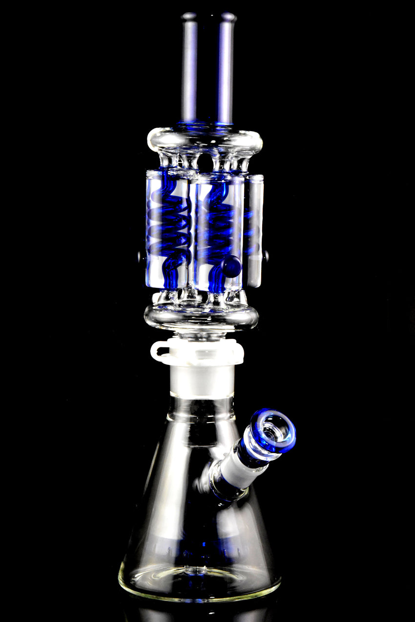 Large Glass on Glass Fluid Filled Quad Coil Two Part Beaker Water Pipe - WP3063