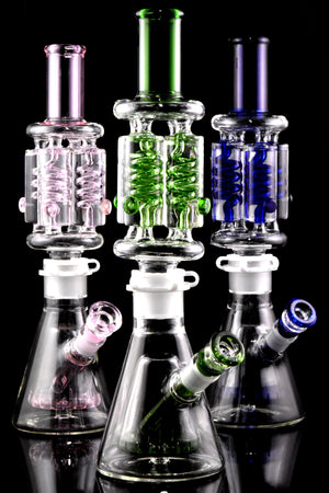 Large Glass on Glass Fluid Filled Quad Coil Two Part Beaker Water Pipe - WP3063