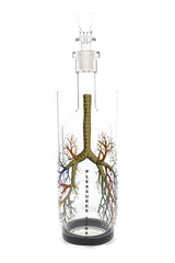 Limited-edition Pleasures × GRAV Gravitron gravity bong with full-color lung artwork and glass funnel bowl on a clear borosilicate bottle.